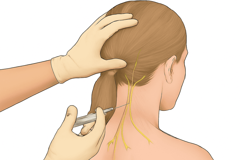 Occipital nerve block procedure showing injection sites at base of skull