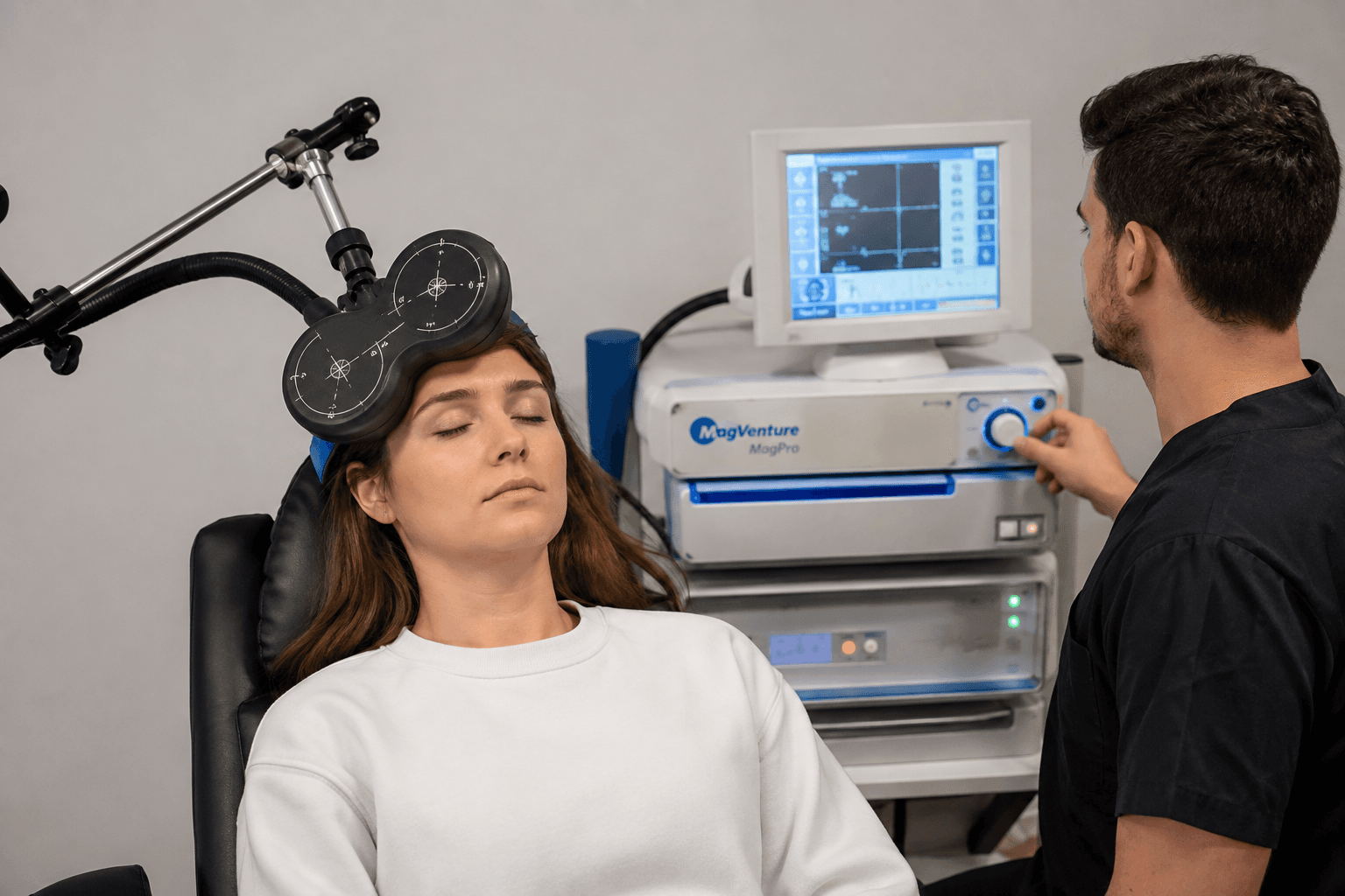 A patient undergoing TMS therapy while a clinician adjusts the treatment device